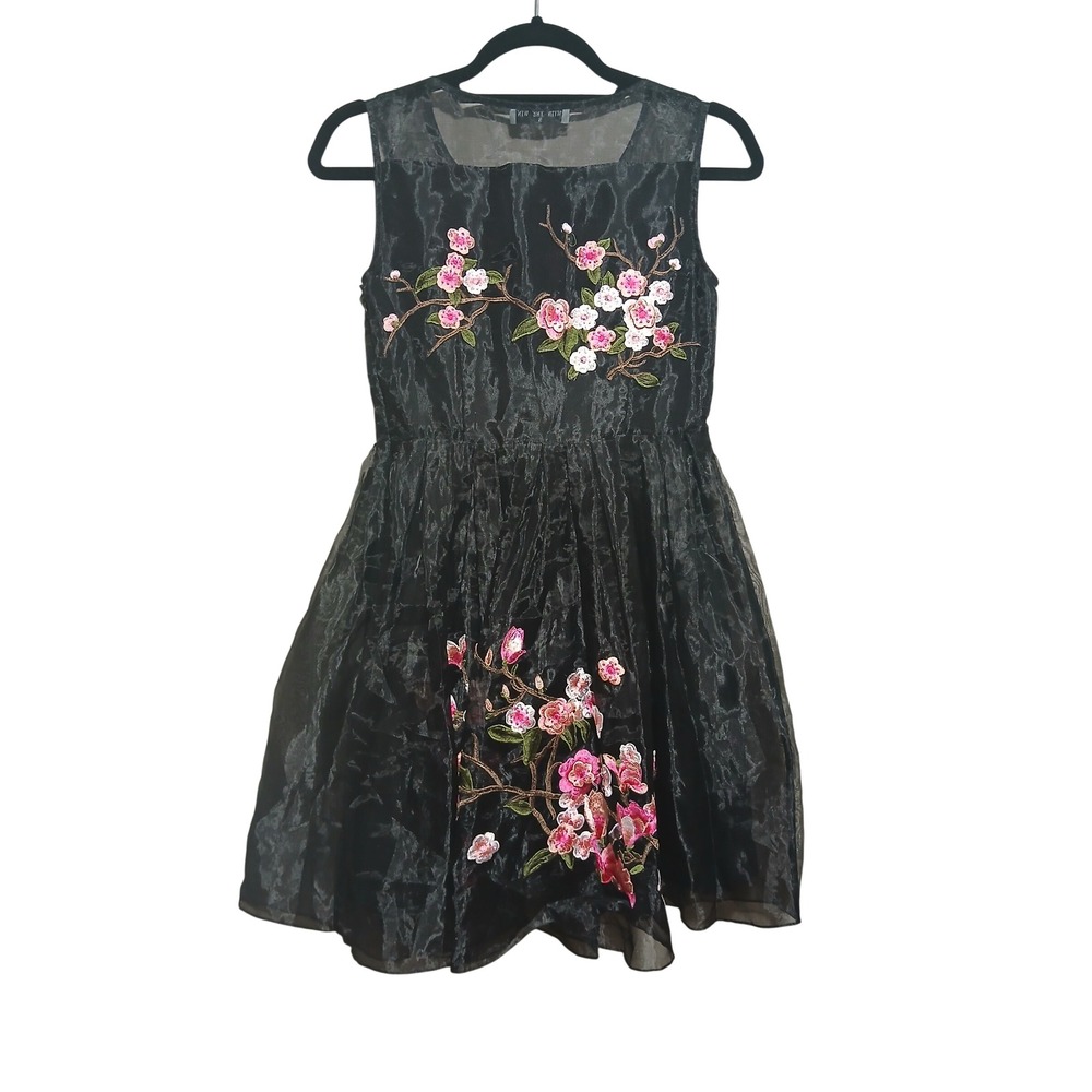 With The Win Black Organza Cherry Blossom Floral Embroidered Mini Dress Small - Picture 7 of 15